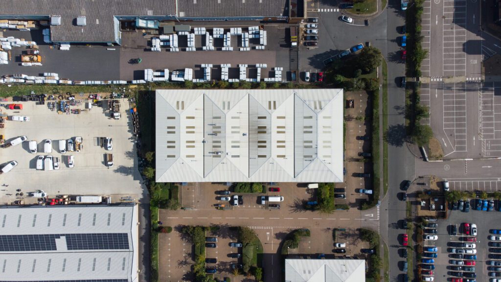 real estate drone photography - birds eye shot of an office warehouse